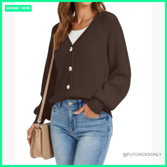 Chunky Knit Cardigan Sweater Open Front Button Down Loose Fit - Picture 4 of 7